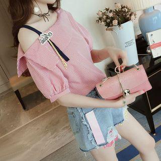 Cold-shoulder Letter Applique Striped Blouse