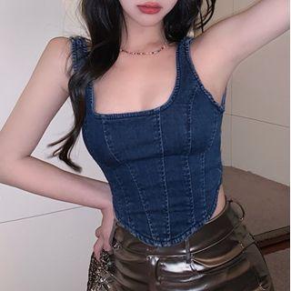 Denim Crop Tank Top Dark Blue - One Size