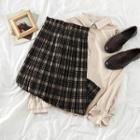Color-block Plaid Woolen High-waist Skirt Dark Gray - One Size