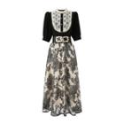 Set: Short-sleeve Lace Trim Blouse + Floral Midi A-line Skirt