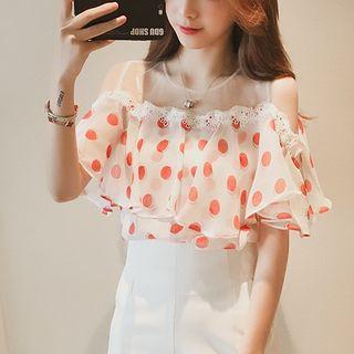Elbow-sleeve Cold Shoulder Lace Trim Polka Dot Chiffon Top