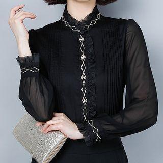 Ruffled Mesh Panel Long-sleeve Top