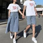 Couple Matching Short-sleeve Heart Print T-shirt / Denim Midi A-line Skirt / Denim Shorts / Set