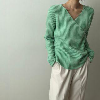 Ribbed V-neck Sweater Green - One Size