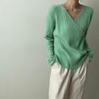 Ribbed V-neck Sweater Green - One Size