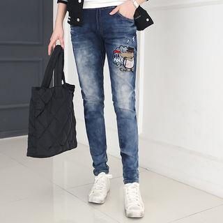 Hippo Applique Band-waist Slim-fit Jeans