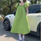 Short-sleeve Square Neck Plain Midi Dress Green - One Size