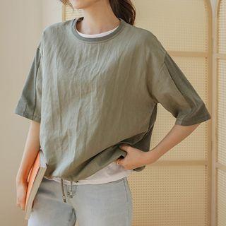 Tie-hem Linen-panel T-shirt