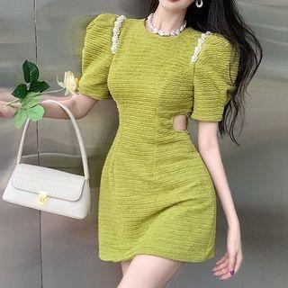 Puff-sleeve Beaded Sheath Dress