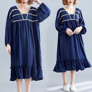 Plain Square-neck Lantern-sleeve Dress Blue - L