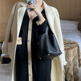 Button-up Contrast Trim Long-sleeve Knit Dress Black - One Size
