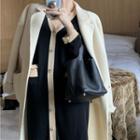 Button-up Contrast Trim Long-sleeve Knit Dress Black - One Size