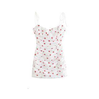 Spaghetti Strap Strawberry Print Shirred Sheath Dress