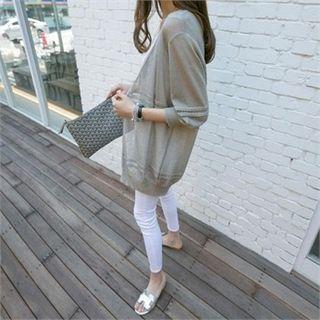 3/4-sleeve Linen Blend Pointelle Cardigan