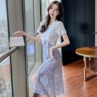 Set: Short-sleeve Drawstring T-shirt + Spaghetti Strap Floral Print Midi A-line Chiffon Dress