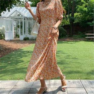 Square-neck Maxi Floral Dress Orange - One Size