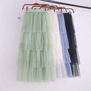 High Waist Mesh Midi Layered Skirt