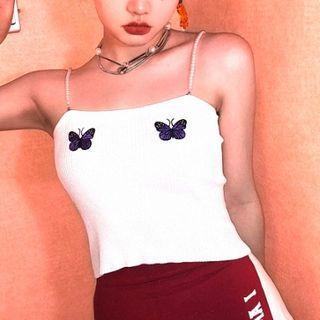 Butterfly Embroidered Cropped Knit Camisole Top / Tube Top
