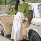 Set: Open-collar Chiffon Blouse + Midi A-line Skirt