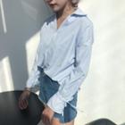 Lace-up Cuff V-neck Striped Top