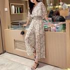 Set: Floral Printed Chiffon Blouse + Wide-leg Jumpsuit