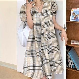 Short-sleeve Plaid Mini A-line Dress Plaid - Black & Almond - One Size