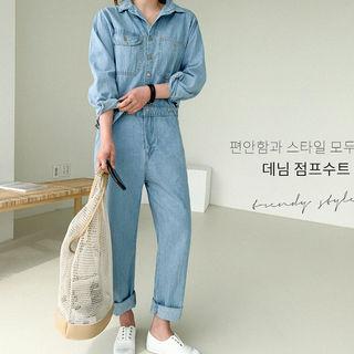 Shirtwaist Denim Jumpsuit Light Blue - One Size