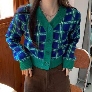 V-neck Plaid Knit Cropped Cardigan
