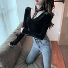 Velvet Lace V-neck Long-sleeve Top