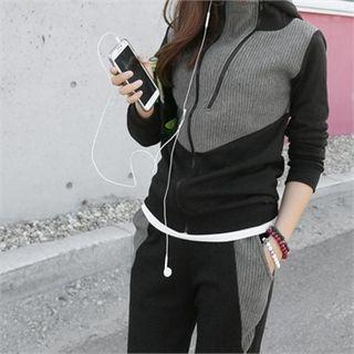 Set: Hooded Zip-up Jacket + Band-waist Color-block Pants