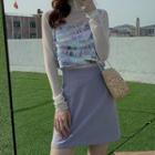 Turtleneck Long-sleeve Mesh Top / Sequined Camisole / Mini A-line Skirt