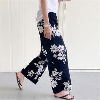 Band-waist Floral Wide-leg Pants Black - One Size