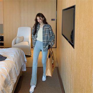 Plaid Long-sleeve Shirt / Plain Short-sleeve Top / High Waist Split Pants