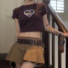 Short-sleeve Heart Embroidered T-shirt / Mini A-line Skirt