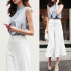 Set: Sleeveless Chiffon Blouse + Cropped Wide-leg Pants