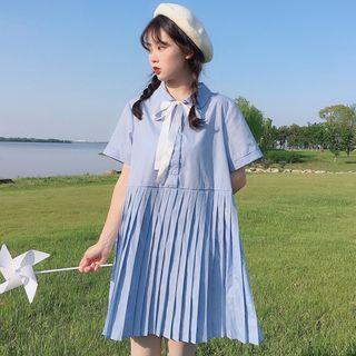 Short-sleeve Mini Pleated Dress Sky Blue - One Size
