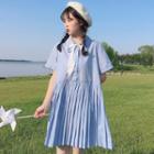 Short-sleeve Mini Pleated Dress Sky Blue - One Size