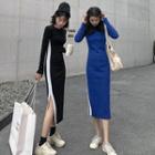 Long-sleeve Contrast Trim Slit Midi Dress