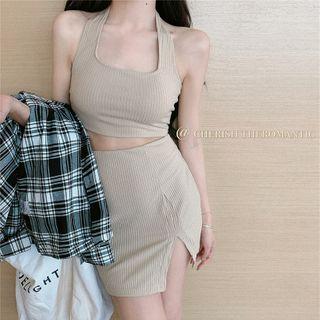 Halter-neck Cropped Tank Top With Mini Pencil Skirt / Plaid Shirt
