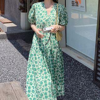 Puff-sleeve V-neck Floral Printed Maxi Dress