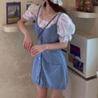 Short-sleeve Blouse / Spaghetti Strap Denim Mini A-line Dress