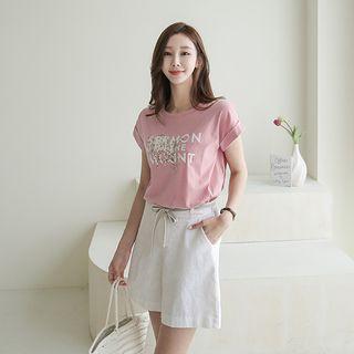 Cuff-sleeve Letter Print Faux-pearl T-shirt
