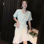 Set: Flower Print Short-sleeve Blouse + A-line Skirt
