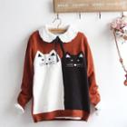 Cat Jacquard Sweater / Lace Collar Long-sleeve Shirt / Set: Cat Jacquard Sweater + Lace Collar Long-sleeve Shirt