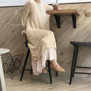 Plain Midi Spaghetti Strap Dress / Pointelle 3/4-sleeve Midi Knit Dress