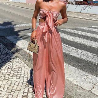 Set: Bow Accent Tube Top + Wide Leg Pants