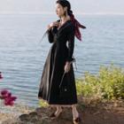 Floral Trim Long-sleeve A-line Midi Dress