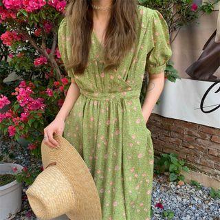 Puff-sleeve V-neck Floral Print Dress Green - One Size