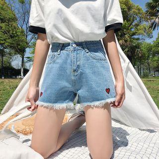 Frayed Heart Embroidered Denim Shorts Blue - M