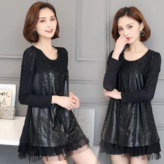 Lace Trim Faux Leather Panel Blouse